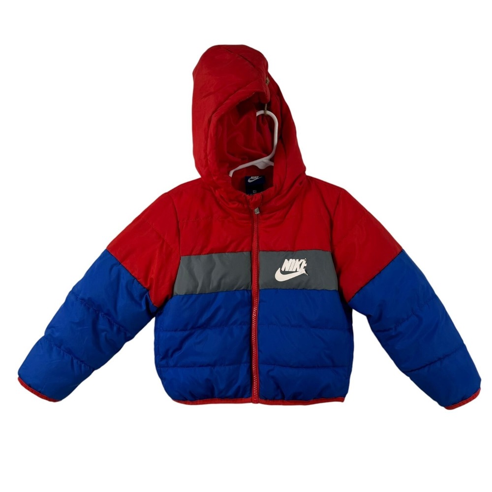 Nike Kids Red/Blue Hooded Puffer Jacket 3T Winter Coat VTG Inspired‎ Rare READ
